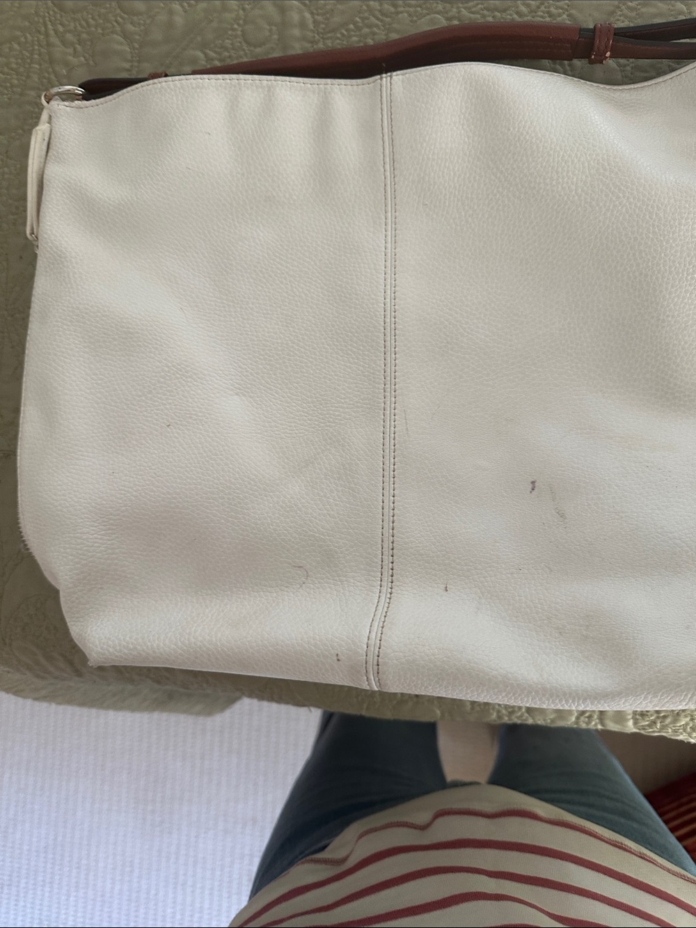 Cream Leather Shoulder Bag with Brown Strap